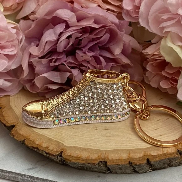 Gold Hightop Sneaker with Silver Crystals Keychain Charm - Picture 9 of 12